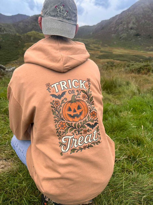 Pumpkins, Bats and Autumn Florals. Trick or Treat Hoodie