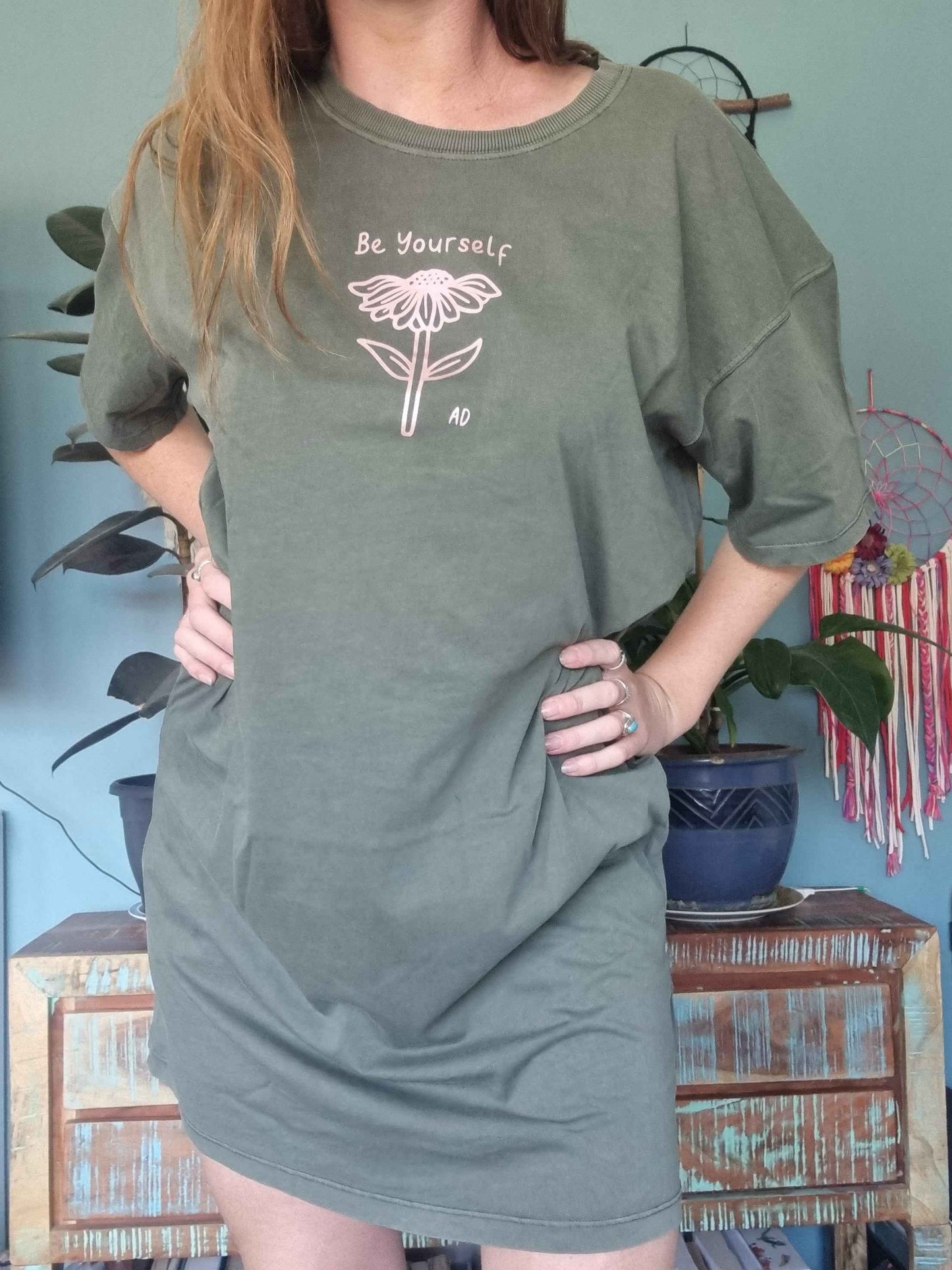 Be Yourself T-Shirt Dress Khaki Green Organic Cotton