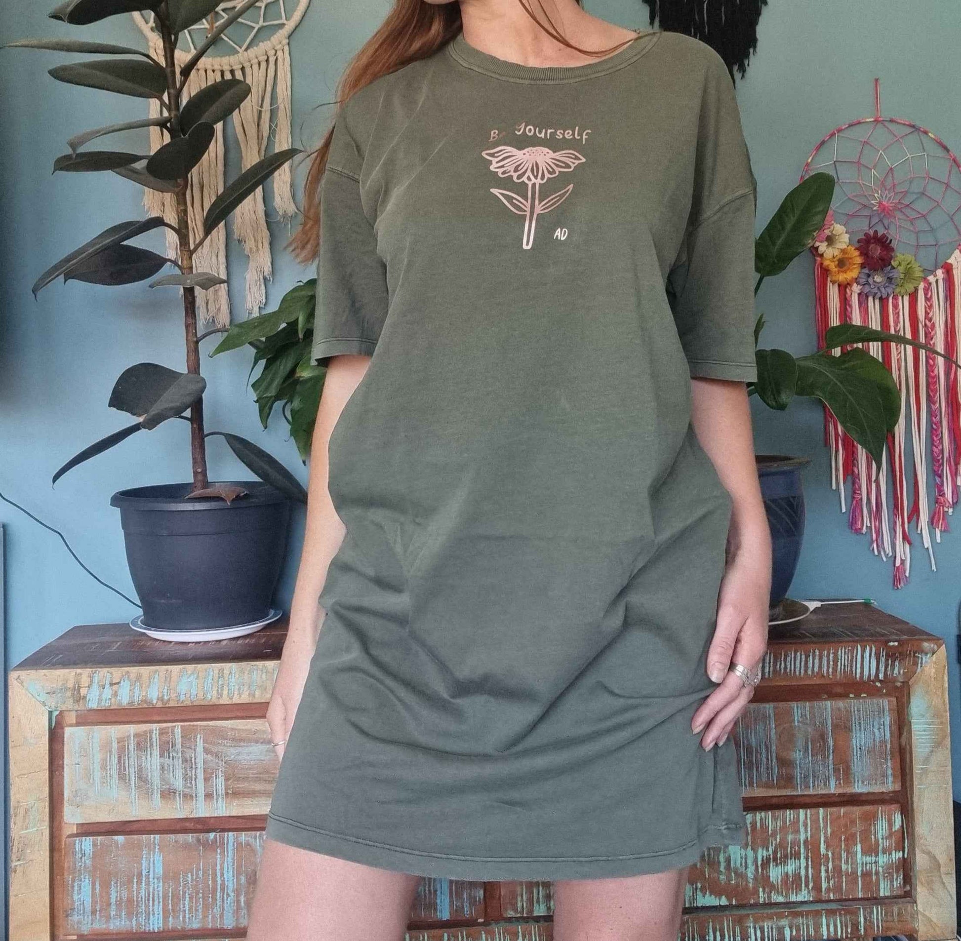 Be Yourself T-Shirt Dress Khaki Green Organic Cotton