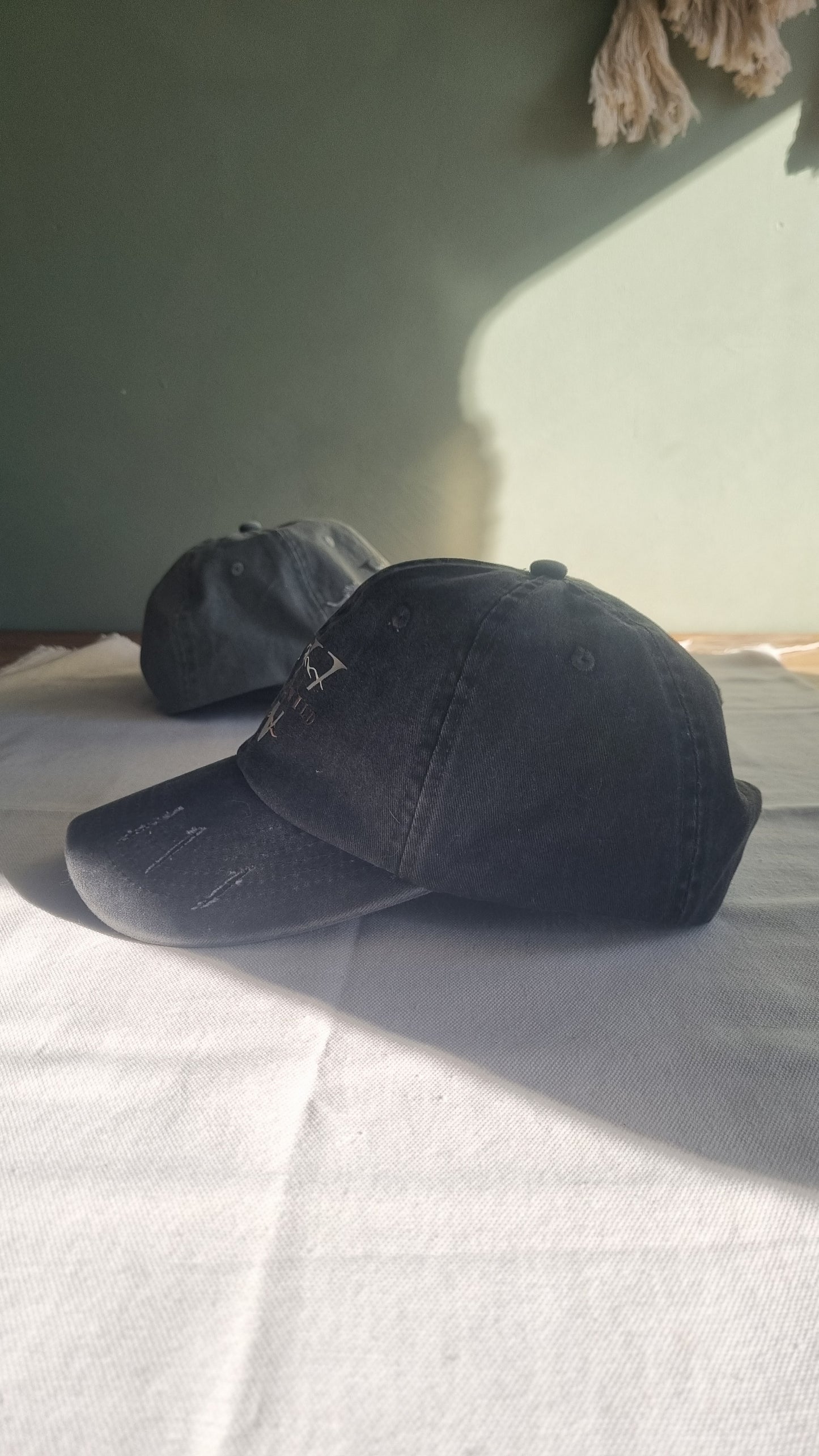 A black baseball cap with a curved brim and a small white embroidered logo, shown hanging against a white fabric backdrop.