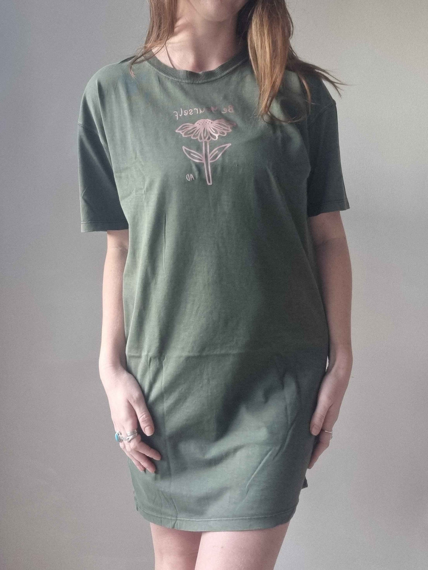 Be Yourself T-Shirt Dress Khaki Green Organic Cotton