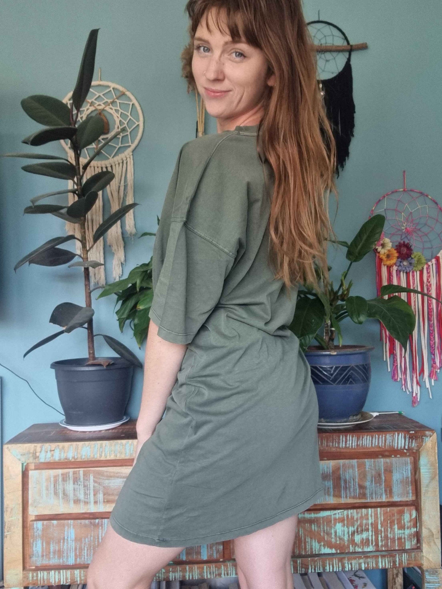 Be Yourself T-Shirt Dress Khaki Green Organic Cotton