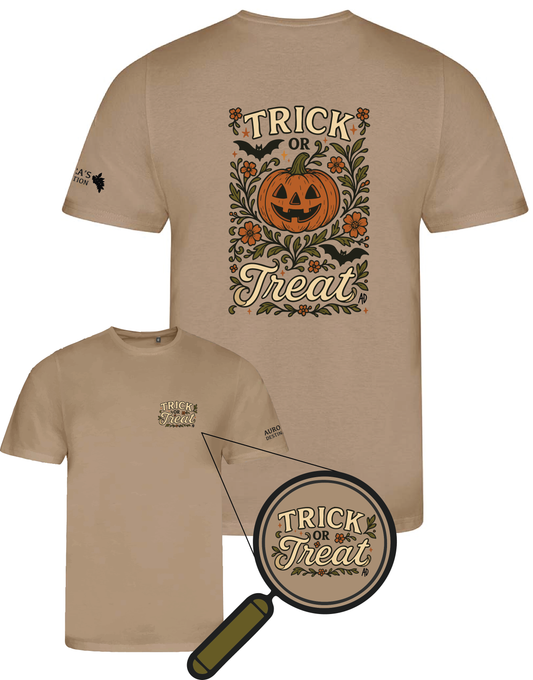 Beige organic cotton Halloween T-shirt with a large “Trick or Treat” pumpkin jack-o’-lantern design surrounded by bats and autumn florals on the back, and a smaller matching logo on the front chest. Sustainably made and nature-inspired, with a cute festive pumpkin design. 🎃🍂