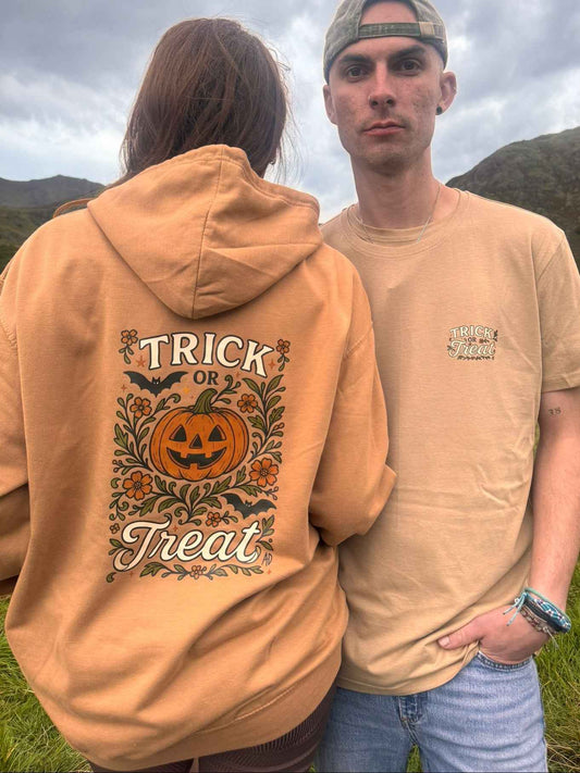 Pumpkins, Bats and Autumn Florals. Trick or Treat Hoodie