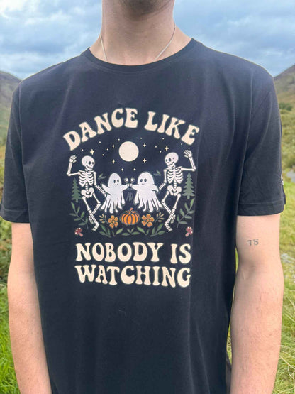 Spooky Ghosty Black Organic T-Shirt (Dance Like Nobody Is Watching- Dancing Skelentons)